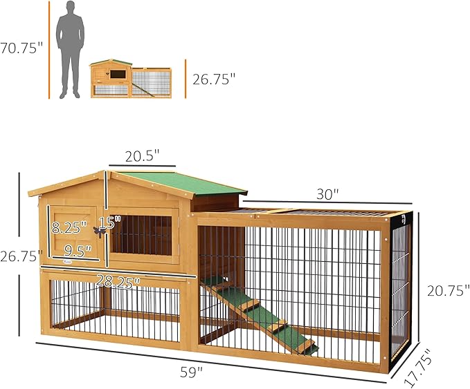 PawHut Rabbit Hutch, 2 Story Outdoor Bunny Cage with Slide-Out Tray, Run Cage, Openable Top for Rabbits, Guinea Pig, Yellow