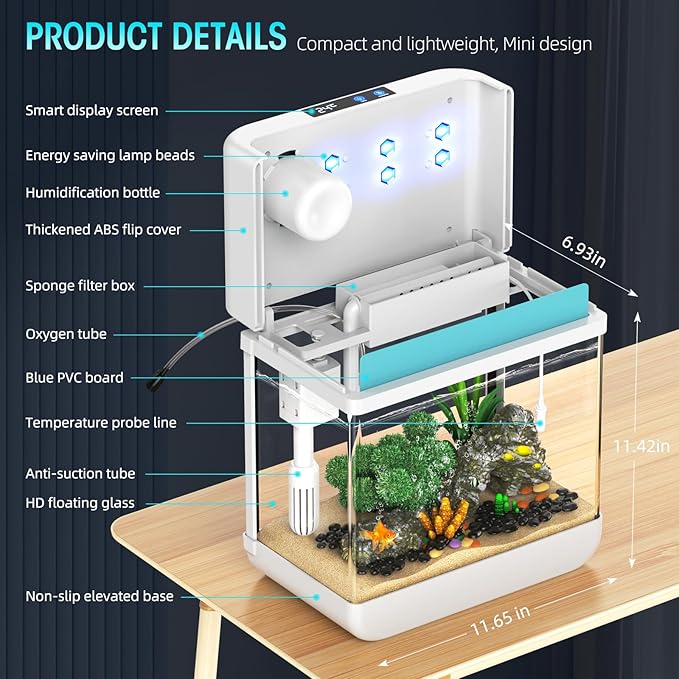 Fish Tank 2.2 Gallon Aquarium Tank Kit,with 3 Color Auto-Looping Light,Fish Bowl with Humidifier Pump,Fish Tank Small Aquarium,Temperature Display, Humidifier Function for Aquariums Starter Kits