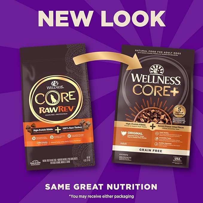 Wellness CORE+ (Formerly RawRev) Natural Grain Free Dry Dog Food, Original Turkey & Chicken with Freeze Dried Turkey, 20-Pound Bag