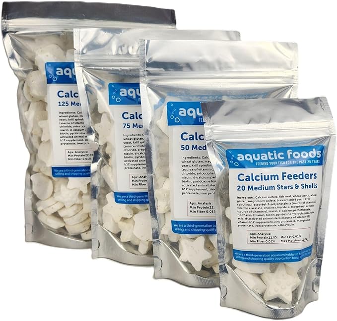 Aquatic Foods Inc. Medium Size Calcium Feeder Stars & Shells for Shrimp, Snails, Crabs, Crayfish, Hermit Crabs and All Tropical Fish…125 Count Bag