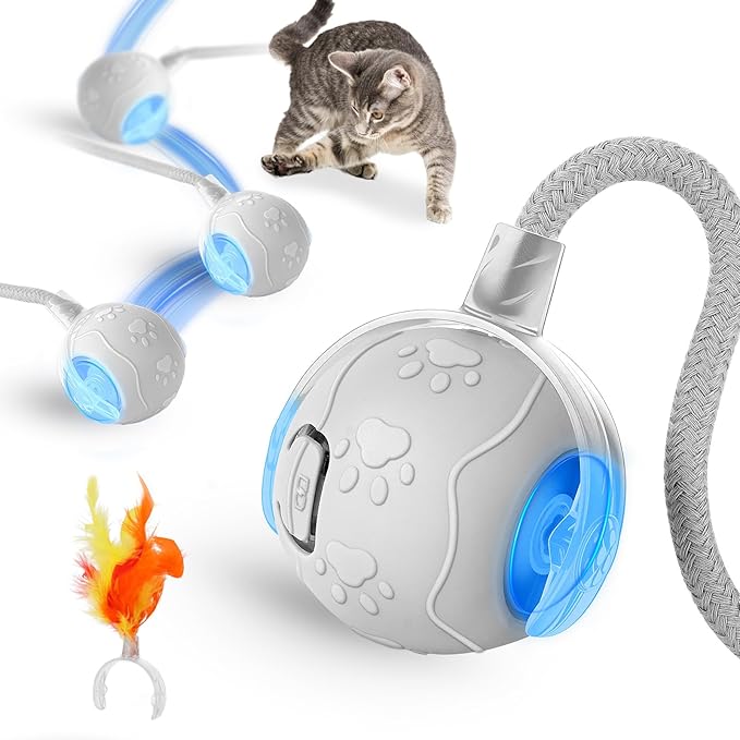 Interactive Cat Toys for Indoor,Automatic Moving Electric Rolling Pet Ball,Smart Teasing Toy for Kitty,3 Modes and USB Rechargeable,Tail 2.0 Cat Feather Toy Gray