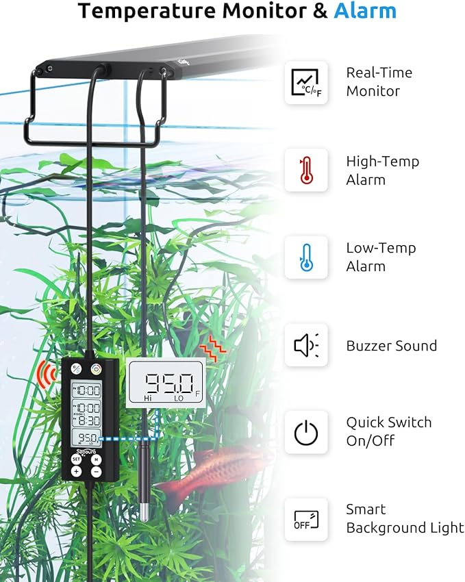 Aquarium Plant Light with Temperature Detector, 18-24in Full Spectrum Fish Tank Lights, 24/7 Programmable with Power Off Memory, WRGB Custom, 20 Level Dimmable for Freshwater Aquariums