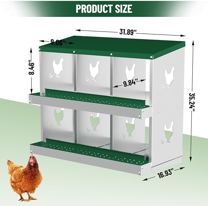 6 Compartments Chicken Nesting Box,Metal Chicken Egg Laying Box, Nesting Boxes,Easy Egg Collection, Easy Cleaning (Green)