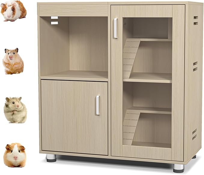Guinea Pig Cages,4-Tier Hamster Cage Wood with Storage Cabinet, House for Rat Chinchilla, Openable Top, Acrylic Windows, Living World Deluxe Habitat X-Large (Teak+Wood, 33.5 inch)