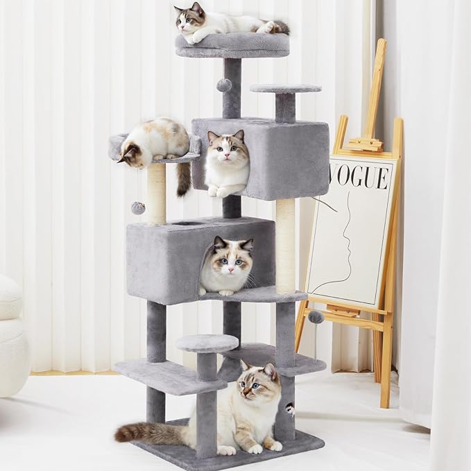 Cat Tree Tower with Large Hammock 54in Multi-Level Cozy Large Cat Tree with 2 Condo Top Perch Scratching Posts and Fun Cat Toys for Indoor Cats（Light Gray）