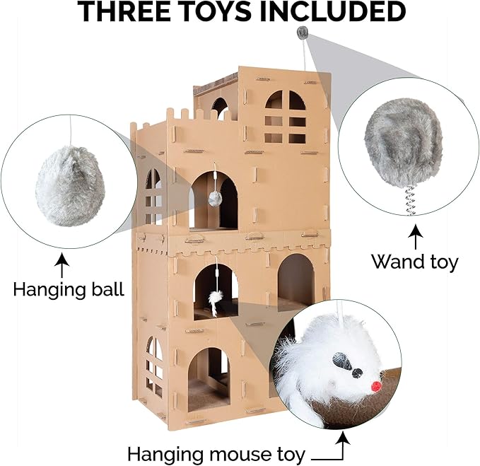Furhaven Multi-Level Cardboard Cat Condo w/ Catnip for Indoor Cats, Ft. Scratching Pads & Toys - High Castle Tower Corrugated Cat Scratcher Hideout - Cardboard Brown, One Size