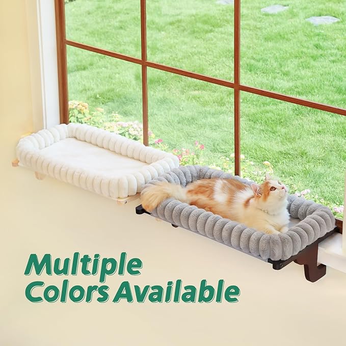 Zakkart SnugCloud Cat Window Perch with 4-Sided Bolster - Orthopedic Cat Hammock for Window Sill - Solid Hardwood & Metal Frame - Window Seat for Pets (Dark Stained Wood w/Gray Bed, Large)