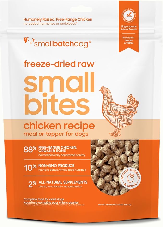 smallbatch Freeze-Dried Chicken Dog Food – Grain Free, Organic Produce – Raw Dehydrated Beef Bites, High Protein Complete Meal or Topper – Humanely Raised, Made in USA, 20oz