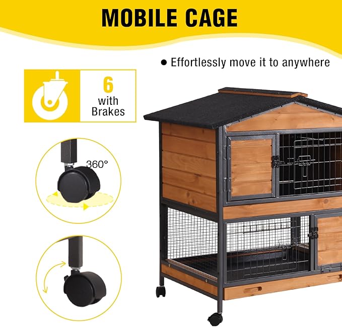 Aivituvin Rabbit Hutch Indoor 2 Story Bunny Cage Outdoor Guinea Pig Cage with Caster Wheels Chicken Coop with Run, 3 Pull Out Tray (Black&Wood)