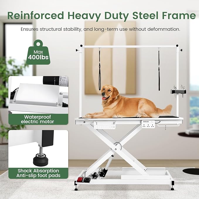 Electric Lift Pet Dog Grooming Table, 50Inch Height Adjustable Grooming Table for Large Dogs with Two Nooses, Wireless Remote, Tool Organizer, White