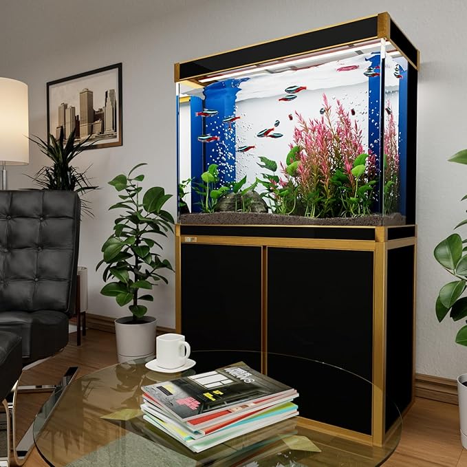 100 Gallon Aquarium Fish Tank with Upright Fishtank Stand Water Pump Freshwater Filter LED Bundle and Straight Corners Clear Glass - Black with Gold Trims