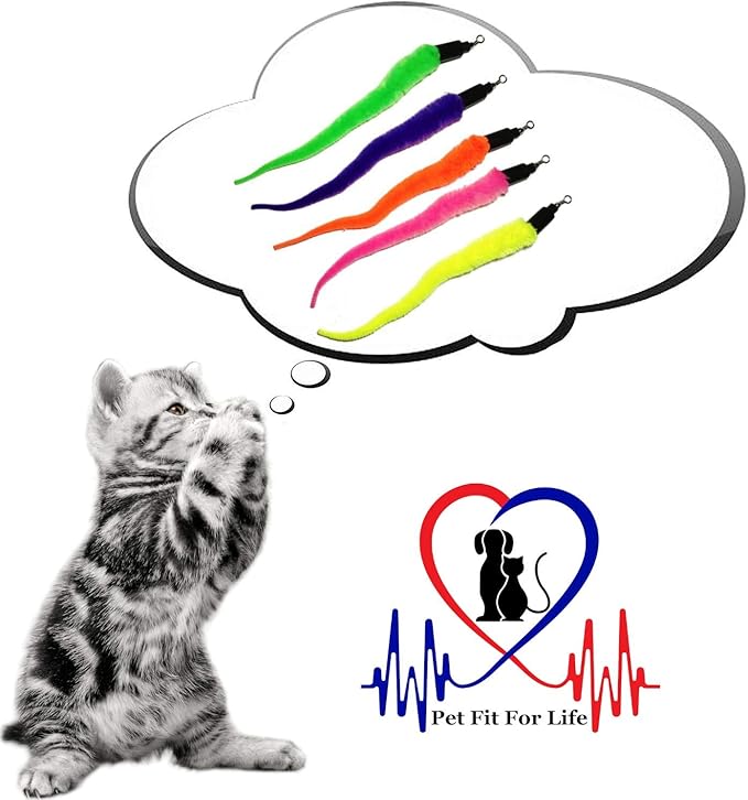 Pet Fit For Life - 5 Piece Kitten Toy Refill Pack - Replacement for Indoor Cat's Interactive Wand and Catch Wand - Features 5 Assorted Soft Squiggly Worm Attachments