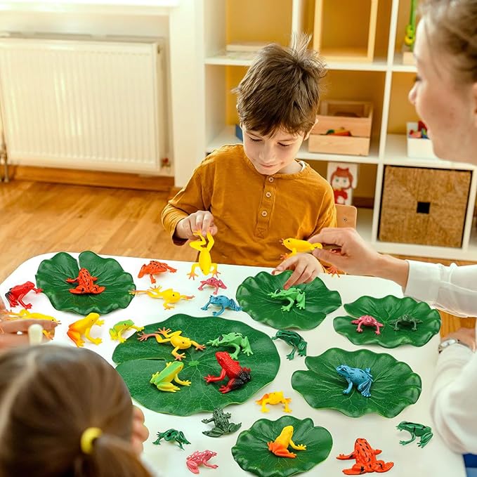 24 Pieces Mini Plastic Frog Toys and Artificial Lily Pads, Include Colorful Realistic Frogs Rainforest Animals Figures Character Toys and Floating Foam Leaves for Pool Decor Party Favor