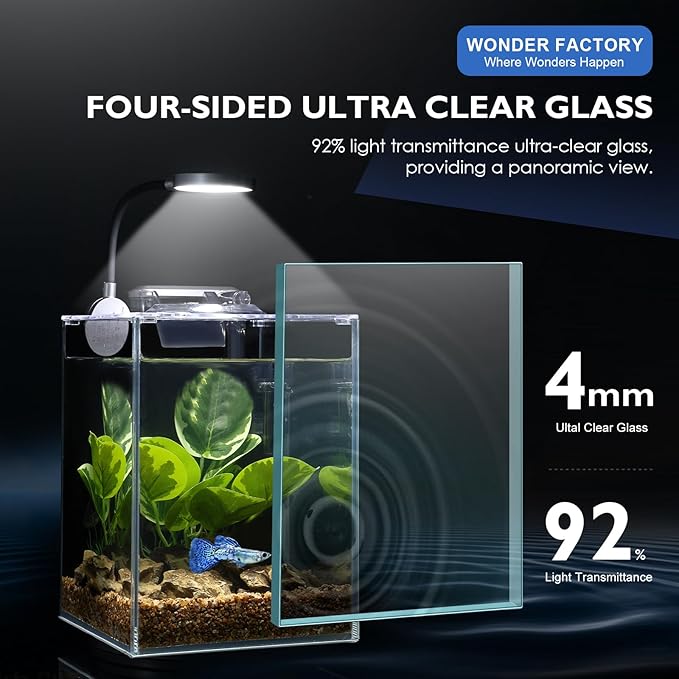 Desktop Betta Small Aquarium Glass Fish Tank 1.25 Gallons Complete Set, Self Cleaning Filter System Bright LED Light Gravel Plant Cleaning Tool, Starter Kit Small Space Easy Setup Space-Saving Design