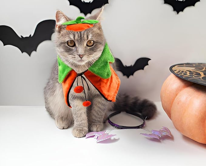 Halloween Cat Pumpkin Cloak with Hat Costume， Adjustable Double-Sided Pumpkin Pet Cape Clothes, Small Cats Dogs and Other Pets Halloween Parties and Pet Cosplay - S