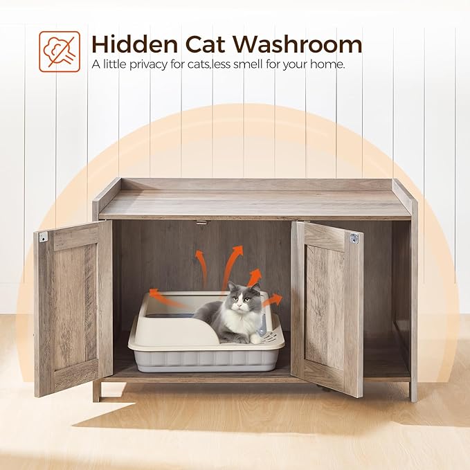Cat Litter Box Enclosure, Hidden Litter Box Furniture with Divider, Indoor Cat House, Wooden Washroom Storage Cabinet Bench, as End Table, for Living Room, Bedroom, Greige CWHG2501Z