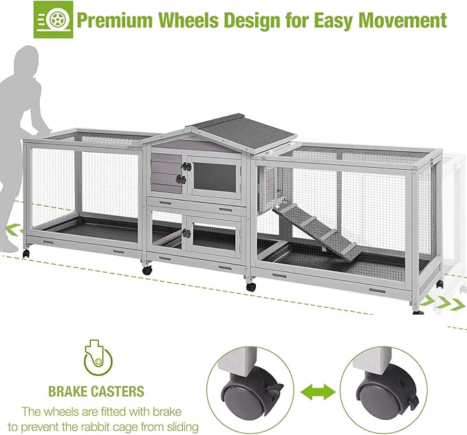 93.7" Large Rabbit Hutch Indoor & Outdoor, Rabbit Cage with 8 Wheels, Bunny Hutch with 4 Deep No Leakage Pull Out Trays