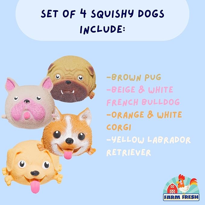 Farm Fresh Skwishy Pups – 4-Pack Dog-Themed Fidget Balls for Kids – Sensory Stress Relief Toy Set with Pug, French Bulldog, Corgi, and Labrador – Travel Squishy Toys, Party Favors Idea
