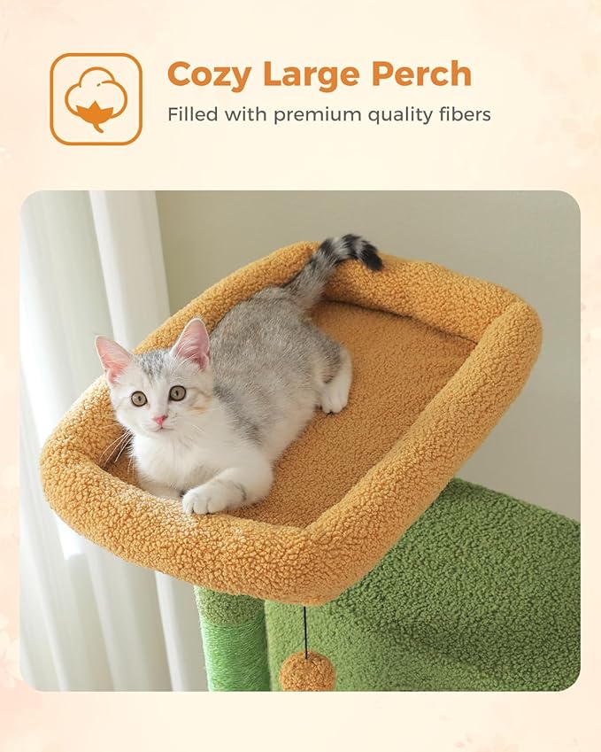 Cactus Tall Cat Tree 71" for Large Cat 20 lbs with Super Large Hammock, Heavy Duty Cat Tower with 4 Sisal Scratching Posts & 2 Spacious Condos for Big Adult Cats Maine Coon-Green