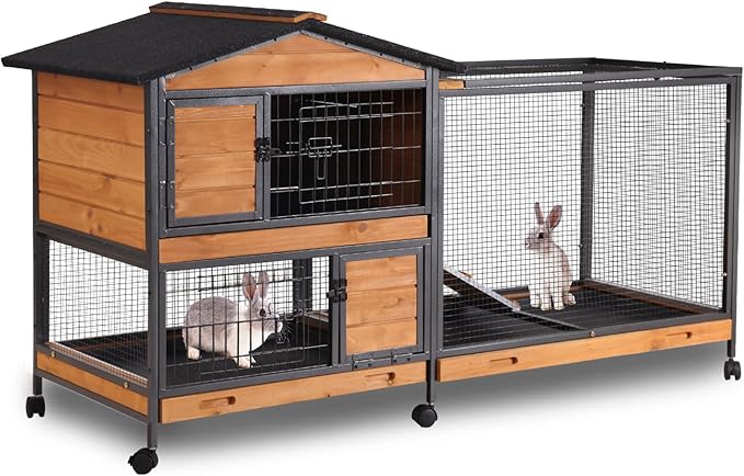 Aivituvin Rabbit Hutch Indoor 2 Story Bunny Cage Outdoor Guinea Pig Cage with Caster Wheels Chicken Coop with Run, 3 Pull Out Tray (Black&Wood)