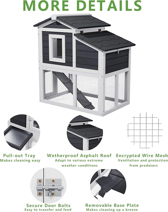 Small Chicken Coop for 2 Chickens,Wooden Chicken Coops with Nesting Boxes Indoor Outdoor,Bunny House Rabbit Hutch Poultry Pet Run Cage with Waterproof Roof,Stairs&Leak-Proo-Tray (Grey)