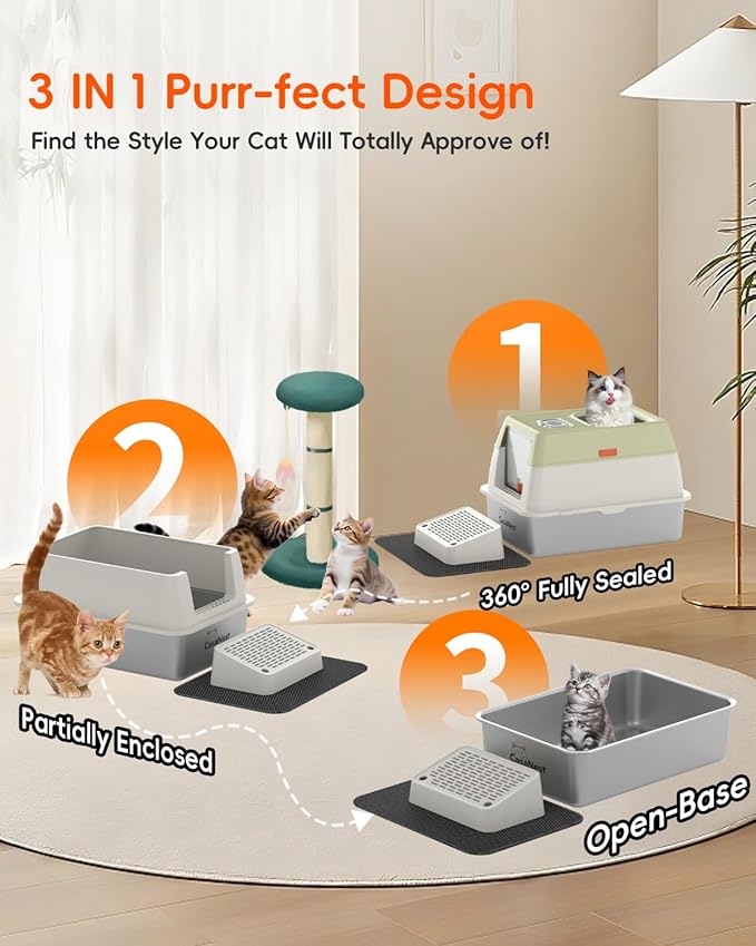 XL Extra Large Stainless Steel Cat Litter Box with Lid, 3-in-1 Enclosed/Open, Durable Metal Litter Box for Big, Multi Cats, Non-Stick, Odor Control, Easy Cleaning, Durable ABS Lid, Green