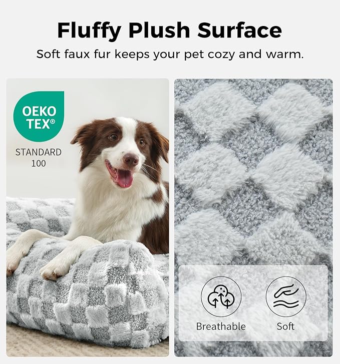 MADE 4 PETS Dog Couch Bed, Soft Faux Fur Checkered Indoor Pet Sofa, Comfortable Fluffy Dog Sofa with Supportive Foam, Removable Washable Cover with Non-Slip Base, Gray, Large