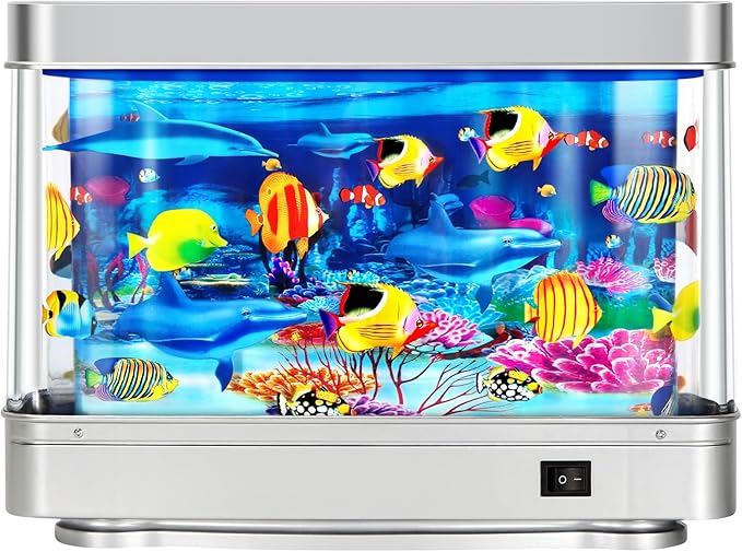 7CDXD Fake Fish Tank,Artificial Aquarium Decorations,Fake Aquarium Decor,Artificial Tropical Fish Decorative,Virtual Ocean Moving Fish lamp for Bedroom Office Décor,Gift for Kids and Cat