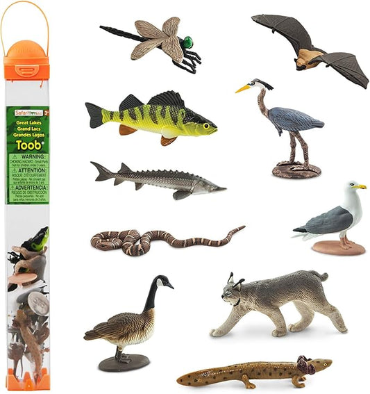 Safari Ltd. Great Lakes TOOB - Figurines of Mudpuppy, Dragonfly, Water Snake, Bat, Goose, Herring Gull, Blue Heron, Lynx, Sturgeon, Yellow Perch - Educational Toys for Boys, Girls & Kids Ages 3+