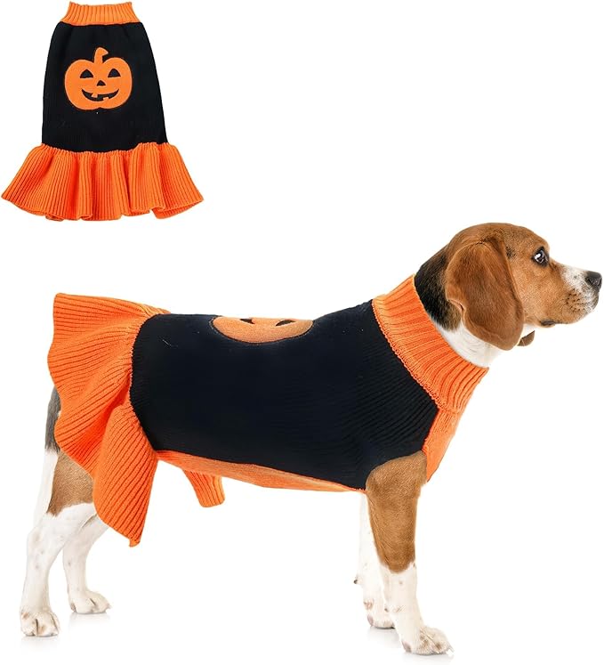 NACOCO Halloween Dog Sweater Dress - Pet Pumpkin Knitted Clothes Cat Sweatshirt Soft Thick Winter Warm Knitwear Outfits Apparel for Small Medium Large Dog Girl Cat (Orange, 2XL)