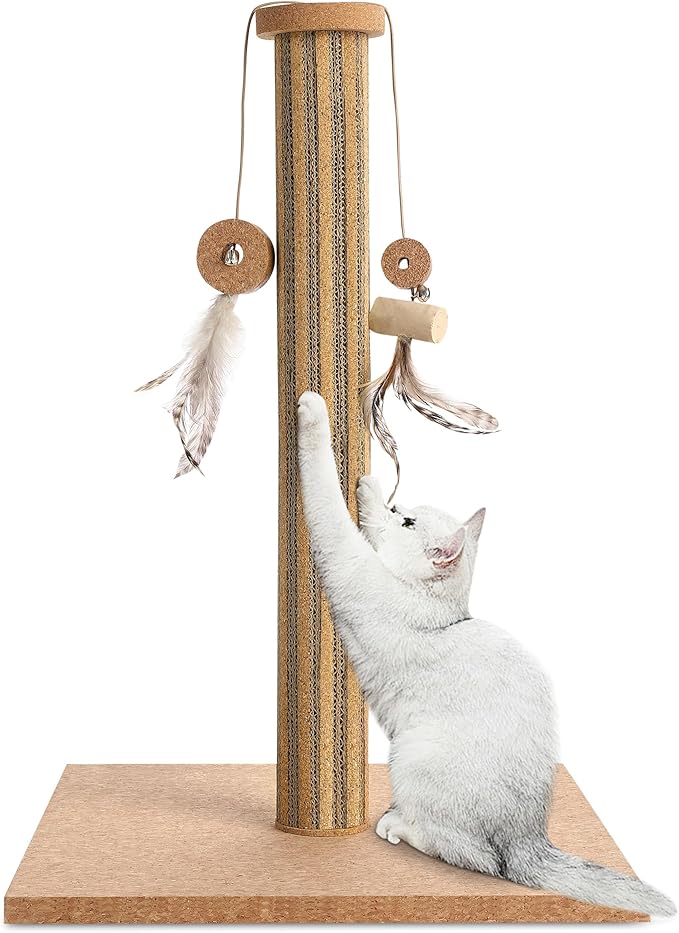 Natural Cork Cat Scratching Post with Feather Toy, 14.2 inch Stable Base, Eco-Friendly Scratch-Safe & Noise-Reducing for Claw Health, Fits Home Decor