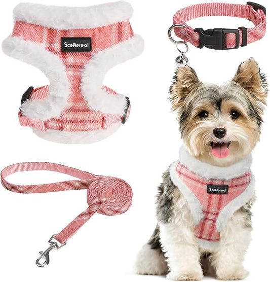 SCENEREAL Dog Harness Collar and Leash Set, Warm Fleece No Pull Puppy Vest Harnesses No Chock Adjustible Step in Small Pet Halter for Outdoor Walking Training, Pink Plaid S