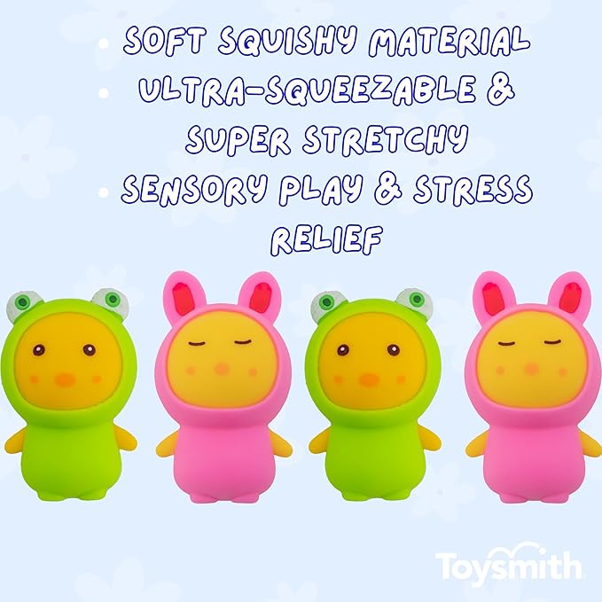 Farm Fresh Chick-in Costume Squeezable Toy – 2-Pack Yellow Chick Fidget Animals with Bunny & Frog Costumes – Soft Squishy Sensory Toys, Stress Relief Gift, Party Favors for Kids Ages 3+
