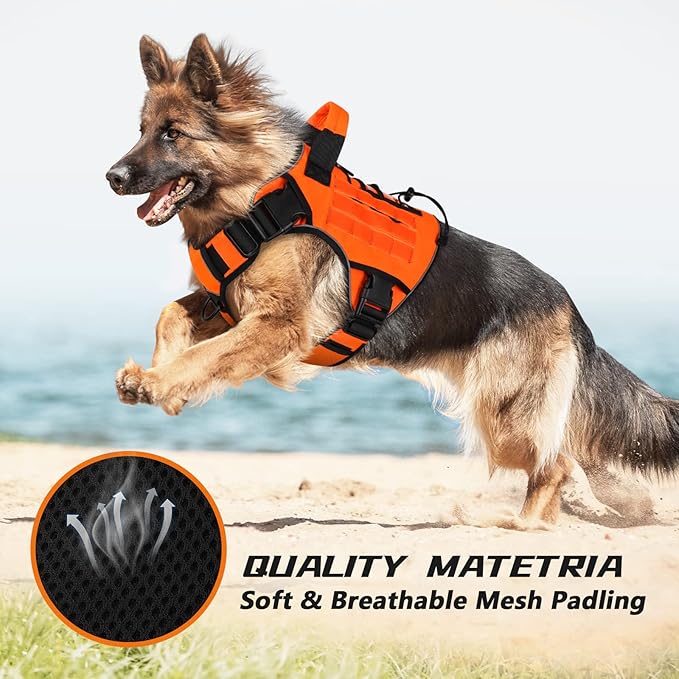 WINGOIN Tactical Dog Harness for Extra Large Dogs, Heavy Duty No Pull Dog Harness with Handle, Adjustable Reflective Military K9 Big Dog Vest for Great Dane, Walking, Training, Hunting, Orange (XXL)