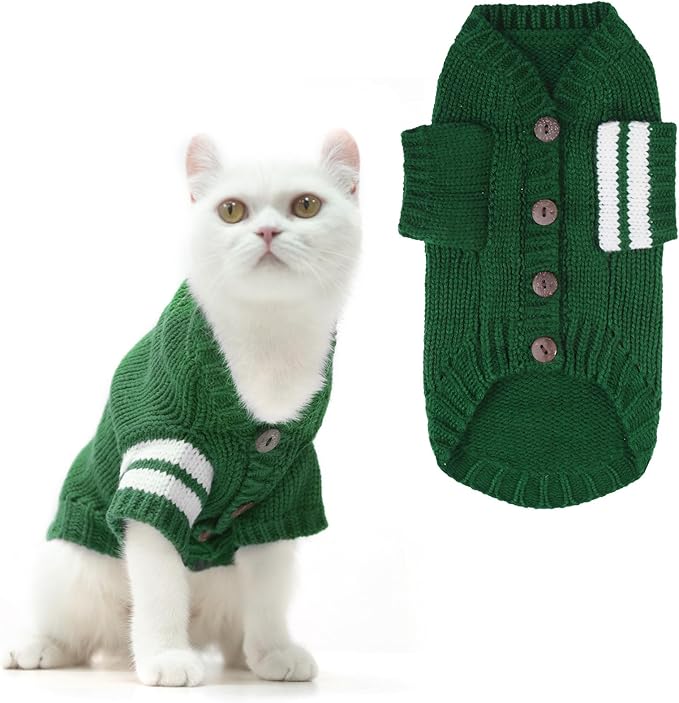 EXPAWLORER Cat Sweater Cardigan - Stylish Knitted Cat Clothes, British Style Soft Puppy Sweater with Sleeve Warm Pet Clothing Knitwear, Fall and Winter Kitten Coat for Girl Boy Cats, Green Small