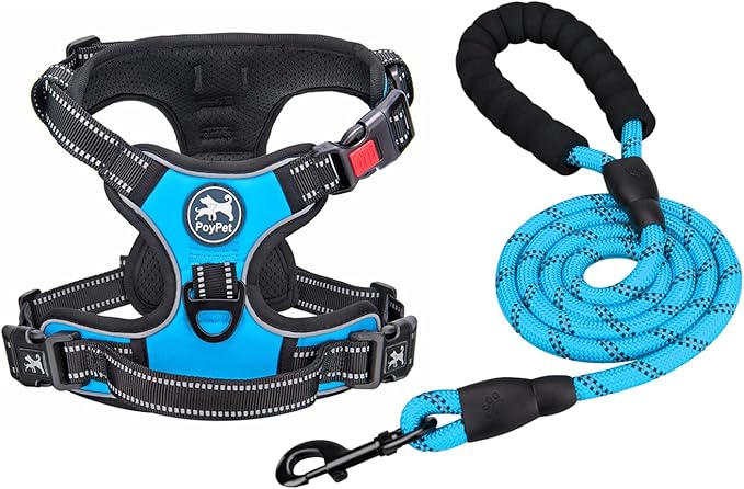 PoyPet Dog Harness and Leash Combo, Escape Proof No Pull Vest Harness, with 5 Feet Leash, Reflective Adjustable Soft Padded Pet Harness with Handle for Small to Large Dogs(Blue,XL)