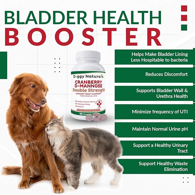 Cranberry D-Mannose for Dogs and Cats Urinary Tract Infection Support Prevents and Eliminates UTI, Bladder Infection Kidney Support, Antioxidant (Double Strength Tablet, 120 Count)