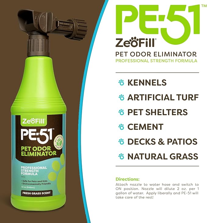 ZEOFILL PE-51 Pet Odor Eliminator – Pet, Turf & Yard Urine Odor Eliminator | Cat & Dog Pee Deodorizer Spray | Dual Pack of 32oz Bottles & 1 Max Flow Garden Hose Spray Nozzle | All Natural Enzymes