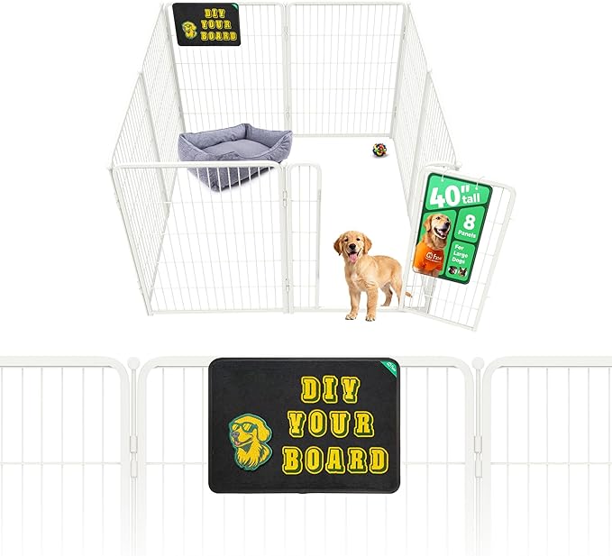 FXW Homeplus Unleashed Indoor Dog Playpen - Stress-Free and Safe Play, Heavy Duty 40 Inch 8 Panels with Magnetic Hook & Loop Patch Board for Medium and Large Dogs, White│Patented