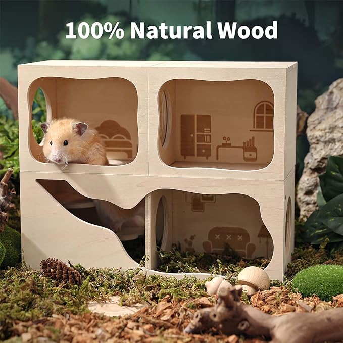 Marchul Hamster Hideout Wooden House Chamber Small Animals Pets Tunnel Exploring Toys for Dwarf Hamsters, Syrian Hamsters, Gerbils, Hedgehogs, Rats, Mice (Living Room)