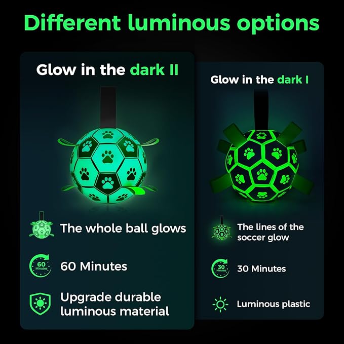 QDAN Premium Glow in The Dark Dog Toys, Dog Ball with Straps, Soccer Ball for Dogs, Outdoor Dog Toys, Pet Birthday Toys, Puppy Essentials for Small to Medium (6Inch)