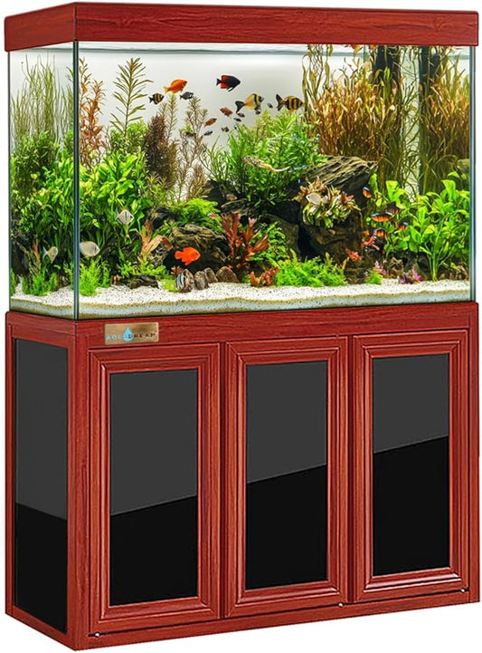 170 Gallon Aquarium Tempered Ultra Clear Glass with Complete Setup in Red Wood with Silver Trims
