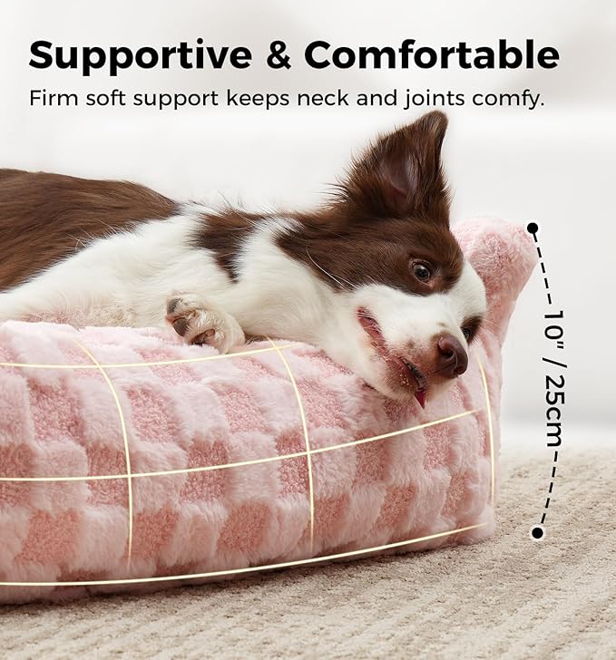 MADE 4 PETS Dog Couch Bed, Soft Faux Fur Checkered Indoor Pet Sofa, Comfortable Fluffy Dog Sofa with Supportive Foam, Removable Washable Cover with Non-Slip Base, Pink, Large