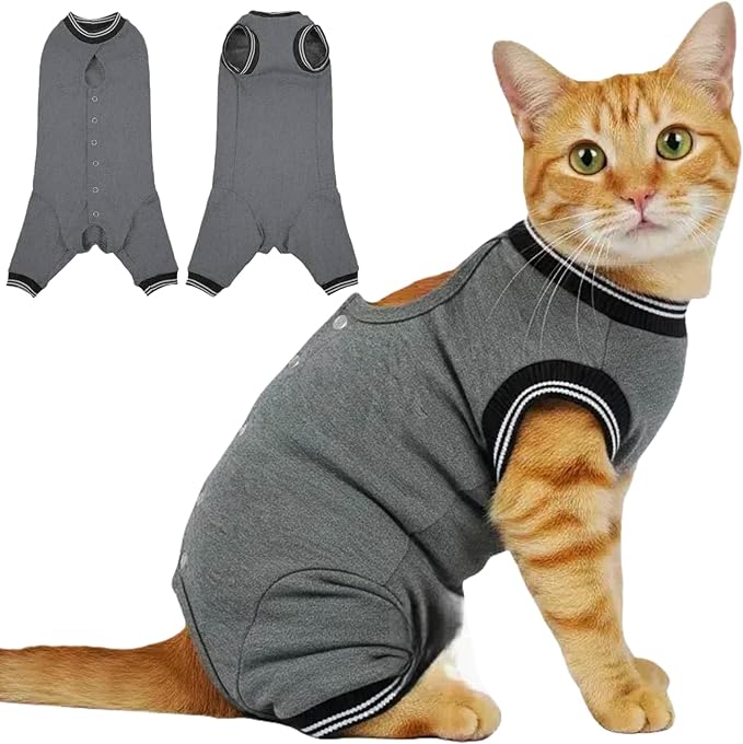 T'CHAQUE Cat Surgery Recovery Suit for Female Male, Cat Onesie Pet Surgical Pajamas Hind Legs Long Sleeve, Abdominal Wound Skin Diseases, E-Collar Alternative, Spay/Neuter Recovery Suit (Gray-M)
