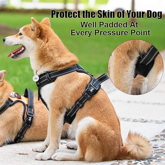 PoyPet No Pull Dog Harness, Reflective Comfortable Vest Harness with Front & Back 2 Leash Attachments and Easy Control Handle Adjustable Soft Padded Pet Vest for Small to Large Dogs (Black,L)