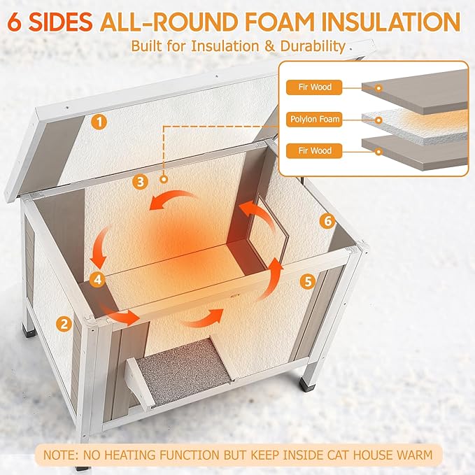 Insulated Cat House Outdoor Weatherproof Feral Cat Shelter for Winter, All-Round Foam Insulation Wooden Pet House for Outdoor Cat with Raised Base, Openable Roof (30.7"L x 21.7"W x 25.6"H)