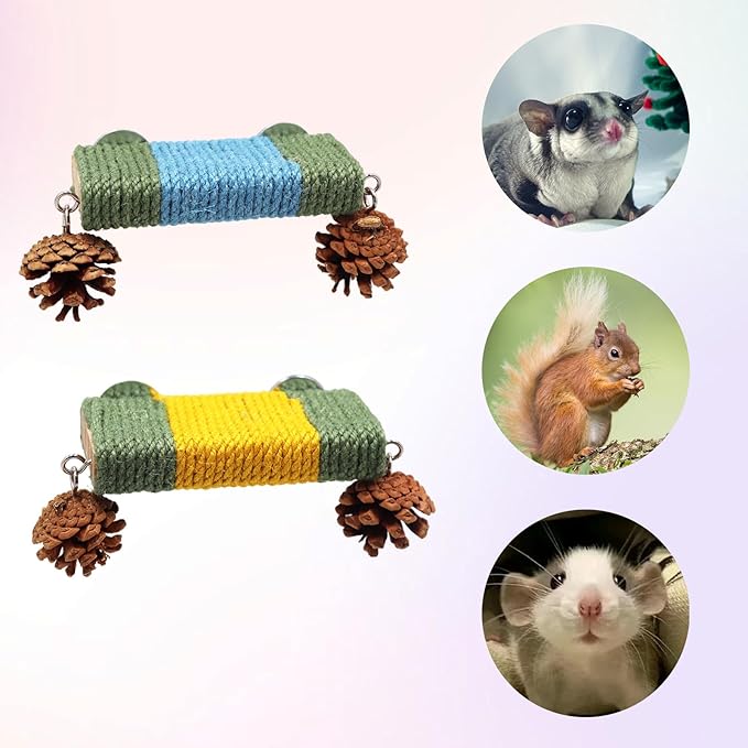 Sugar Glider Cage Accessories, 2 Pack Cage Platform with Rope and Pine Cone Decor, Standing & Climbing Toy, Relax Platform for Sugar Glider, Squirrel, Rat and Other Small Animals