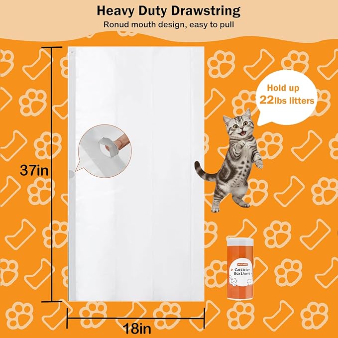 Cat Litter Box Liners 6 Count, 37" x 18" Jumbo Cat Litter Bags with Drawstring, XL Heavy Duty Litter Pan Liners, Litter Box Liners Tear Leak Resistant for Pet Supplies Simple Access