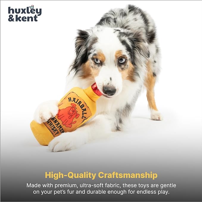 Huxley & Kent Funny Dog Toy w/Squeaker – Power Plush Squeaky Dog Toys for Small, Medium & Large Dogs – Soft Stuffed Animal for Indoor Play & Fetch - Hairball Cinnamon Whiskey, Small