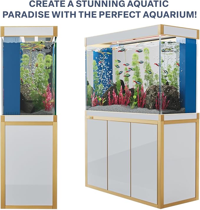 175 Gallon Aquarium Fish Tank with Upright Fishtank Stand Water Pump Freshwater Filter LED Bundle and Straight Corners Clear Glass - White with Gold Trims